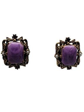 VTG Selro Renaissance Revival Style Clip On Earrings Purple Thermoset